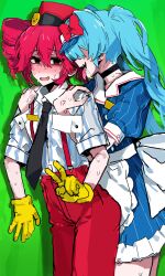 2girls absurdres anger_vein apron backdrop bent_v black_choker blue_dress blue_hair blue_shirt blush bow brown_eyes choker commentary cowboy_shot dress dry_humping emoji empty_eyes faceless faceless_female green_screen hair_between_eyes hair_over_eyes hat hat_bow hatsune_miku highres hug hug_from_behind humping kasane_teto long_bangs long_hair looking_at_viewer mekyokyopon mesmerizer_(vocaloid) multiple_girls nose_blush open_mouth pants pink_hair puffy_short_sleeves puffy_sleeves red_bow red_hat red_pants shako_cap sharp_teeth shirt short_hair short_sleeves smile striped_clothes striped_shirt suspenders teeth textless_version tiktok tongue tongue_out translated twintails utau v visor_cap vocaloid waist_apron white_apron white_shirt wrist_cuffs yuri