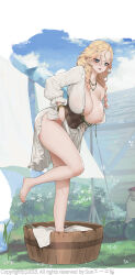 1girl absurdres bare_shoulders barefoot blonde_hair blue_eyes blue_sky blush bracelet braid breasts breasts_out cable clothes_lift dress dress_lift flower from_side garden grass hair_between_eyes hair_flower hair_ornament highres jewelry large_breasts light_blush long_hair long_sleeves looking_at_viewer low_neckline necklace open_clothes open_mouth original sidelocks skirt skirt_lift sky smile solo suerte twin_braids underbust wet white_dress