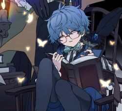 2boys absurdres black_gloves blue_gemstone blue_hair book bow bowtie bug butterfly candle cape chair fate/grand_order fate_(series) feet_out_of_frame fog_fgo frilled_sleeves frills gem glasses gloves green_bow green_bowtie hans_christian_andersen_(fate) head_out_of_frame highres holding holding_book holding_pen insect knees_together_feet_apart long_sleeves multiple_boys pantyhose pen shirt sitting sleeping striped_clothes striped_shirt william_shakespeare_(fate)