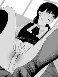 1girl blush chainsaw_man collared_shirt commentary_request dress female_pubic_hair fourth_east_high_school_uniform fujimoto_tatsuki_(style) greyscale highres kneehighs mitaka_asa monochrome nanami_toga open_mouth panties pinafore_dress pubic_hair pubic_hair_peek school_uniform shirt sitting sleeveless sleeveless_dress socks solo sweat underwear