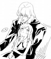 1boy 1girl bare_arms bare_shoulders blush closed_mouth curse_maker curse_maker_1 doctor_magus doctor_magus_4 dress etrian_odyssey greyscale highres hood hood_down hooded_robe long_hair monochrome nikki_kyousuke ringlets robe sidelocks simple_background sitting sleeveless sleeveless_dress smile white_background