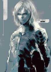 1boy bodysuit highres kannoaki metal_gear_(series) metal_gear_solid_2:_sons_of_liberty monochrome parted_hair raiden_(metal_gear) short_hair sneaking_suit solo tight_clothes upper_body