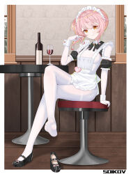 1girl absurdres apron feet frilled_apron frills highres looking_at_viewer maid maid_apron maid_headdress medium_hair no_bra no_panties original pantyhose pink_hair side_ponytail soles waist_apron white_apron white_pantyhose zhthktk