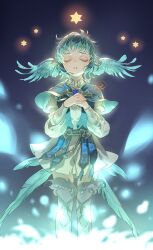 1girl aqua_hair belt bird_girl bird_legs bird_tail bird_wings blue_background blue_capelet blue_gemstone brooch capelet closed_eyes collared_dress commentary_request dress facing_viewer feathered_wings feet_out_of_frame final_fantasy final_fantasy_xiv gem glowing glowing_flower hands_up head_wings jewelry long_sleeves meteion own_hands_together parted_lips short_hair solo standing star_(symbol) straight-on suzuki_rika tail tassel white_dress wings
