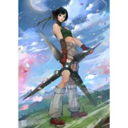1girl bare_shoulders black_hair breasts brown_eyes cloud cloudy_sky crop_top falling_petals final_fantasy final_fantasy_vii fingerless_gloves fishnet_armwear full_body full_moon fumezu1 gloves grass green_shirt grey_shorts headband highres holding holding_shuriken holding_weapon leg_warmers looking_at_viewer midriff moon navel open_fly outdoors petals pillarboxed red_gloves red_shoes shirt shoes short_hair shorts shuriken signature sky sleeveless sleeveless_turtleneck small_breasts sneakers solo standing swept_bangs turtleneck weapon yuffie_kisaragi