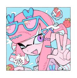 1girl ;d bakori514_(h_akka) blue-framed_eyewear blue_background border bow-shaped_hair eyewear_on_head fang food fruit glasses hair_ornament hairpin hand_up happy inkling inkling_girl inkling_player_character nintendo novelty_glasses one_eye_closed open_mouth pink_hair pink_shirt portrait purple_eyes shirt sleeveless sleeveless_shirt smile solo splatoon_(series) star_(symbol) star_in_eye strawberry striped_sleeves symbol_in_eye triangle_hair_ornament v w white_border