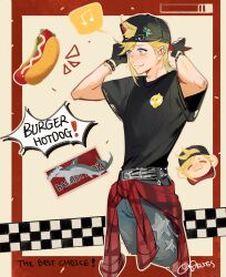1boy adjusting_clothes adjusting_headwear aries20770321 backwards_hat baseball_cap black_gloves black_hat black_shirt blonde_hair blue_eyes bracelet chibi chibi_inset chocobo clothes_around_waist cowboy_shot cropped_legs final_fantasy final_fantasy_xv fingerless_gloves freckles gloves grey_pants hammerhead_shark hat highres hot_dog jewelry male_focus musical_note pants plaid_clothes plaid_shirt print_shirt prompto_argentum red_shirt sabotender shirt shirt_around_waist short_hair solo spoken_musical_note t-shirt twintails