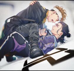 2boys aam09212 arguing bakuage_sentai_boonboomger black_hair black_jacket brown_hair bureki_genba earrings episode_number hair_bun highres homura_sakito jacket jewelry male_focus medium_hair multicolored_hair multiple_boys purple_hair purple_jacket short_hair streaked_hair super_sentai two-tone_hair