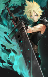 absurdres aqua_eyes armor bandaged_arm bandages barret_wallace belt blonde_hair buster_sword cloud_strife final_fantasy final_fantasy_vii final_fantasy_vii_remake gloves highres holding holding_sword holding_weapon nikusenpai red_xiii sephiroth shoulder_armor sleeveless sleeveless_turtleneck smoke spiked_hair square_enix sunglasses suspenders sword turtleneck upper_body weapon