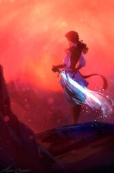 1girl artist_name brown_tunic cliff color_contrast from_behind glowing holding holding_sword holding_weapon light_particles long_hair low_ponytail mountainous_horizon original outdoors ponytail red_hair shirt signature solo standing swirl sword tunic weapon white_shirt zandra