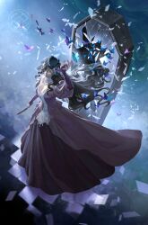 Rule 34 | 1girl, absurdres, arm up, black flower, black hair, black hat, blue background, blue butterfly, breasts, broken glass, bug, butterfly, cleavage, dress, flower, from above, full body, glass, glass shards, gown, hair flower, hair ornament, hand up, hat, highres, insect, isolde (reverse:1999), jewelry, juliet sleeves, long dress, long hair, long sleeves, necklace, puffy sleeves, purple butterfly, purple dress, purple eyes, purple flower, reverse:1999, see-through clothes, see-through veil, sidelighting, solo, too many, too many butterflies, veil, very long hair, viciousmongrel