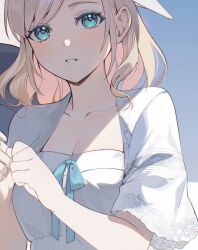 1girl blue_background blue_eyes blush breasts ceras_yanagida_lilienfeld ceras_yanagida_lilienfeld_(summer_casual) cleavage collarbone dkou dress grey_hair highres jacket large_breasts link!_like!_love_live! long_hair looking_at_viewer love_live! official_alternate_costume open_clothes open_jacket parted_lips shade short-sleeved_jacket short_sleeves simple_background solo upper_body virtual_youtuber white_dress white_jacket