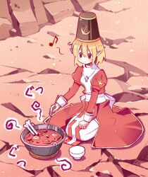 1girl bad_food blonde_hair blush bone bow bowl breasts brown_hat closed_mouth commentary_request cooking cooking_pot cowlick cross cross_necklace dirt doridori dress food full_body hair_between_eyes hat high_priest_(ragnarok_online) jewelry juliet_sleeves long_sleeves musical_note necklace on_ground pointy_ears puffy_sleeves ragnarok_online red_dress red_eyes rock sash seiza shako_cap short_hair sitting small_breasts smile solo soup thighhighs two-tone_dress white_bow white_dress white_sash white_thighhighs
