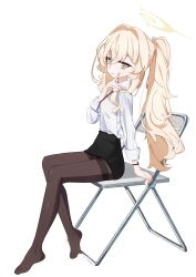 1girl absurdres alternate_costume alternate_hairstyle black_pantyhose black_skirt blue_archive blush closed_mouth green_eyes hair_between_eyes highres light_smile long_hair no_shoes pantyhose ponytail professor_niyaniya_(blue_archive) professor_niyaniya_(teacher)_(blue_archive) shirt sitting skirt solo white_shirt yilubo1