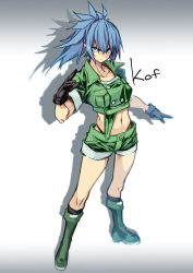 10mo 1girl blue_eyes blue_hair boots brown_gloves closed_mouth combat_boots copyright_name crop_top cropped_jacket earrings fighting_stance full_body gloves green_boots green_jacket green_shorts grey_background hair_tie high_ponytail highres jacket jewelry leona_heidern looking_at_viewer midriff navel ponytail shorts simple_background solo the_king_of_fighters toned