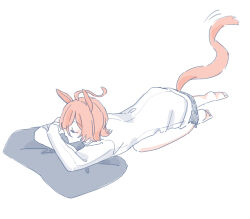 1girl absurdres agnes_tachyon_(umamusume) animal_ears barefoot brown_hair closed_eyes full_body hair_between_eyes highres horse_ears horse_girl horse_tail lab_coat long_sleeves pillow seila_rei simple_background sleeves_past_fingers sleeves_past_wrists soles solo tail umamusume white_background
