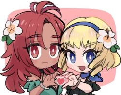 2girls :d blonde_hair blue_eyes chibi chibi_only closed_mouth constance_von_nuvelle constance_von_nuvelle_(summer) fire_emblem fire_emblem:_three_houses fire_emblem_heroes flower hair_flower hair_ornament hairband hapi_(fire_emblem) hapi_(summer)_(fire_emblem) heart heart_hands heart_hands_duo light_frown long_hair looking_at_viewer lowres multiple_girls nintendo official_alternate_costume open_mouth red_eyes red_hair short_hair smile tamatamariso85 upper_body
