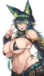 1girl amagami_shinia animal_ear_fluff animal_ears belt bikini black_bikini black_pants blush breasts cleavage commission commissioner_upload detached_sleeves fang gougasha_akira green_eyes green_hair green_nails highleg highleg_bikini highres indie_virtual_youtuber large_breasts long_hair low_twintails navel open_mouth pants shrug_(clothing) side-tie_bikini_bottom sleeveless solo standing swimsuit tail twintails virtual_youtuber w whale_tail_(clothing) white_background