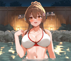 Rule 34 | 1girl, bikini, breasts, brown eyes, brown hair, cherry blossoms, commentary request, flower, hair between eyes, hair flower, hair intakes, hair ornament, headgear, kantai collection, large breasts, long hair, looking at viewer, murata taichi, navel, night, official alternate costume, onsen, outdoors, partially submerged, ponytail, sidelocks, solo, swimsuit, very long hair, white bikini, yamato (kancolle), yamato (swimsuit) (kancolle)