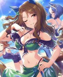 3girls animal_ears artist_request beach bikini blue_hair blue_sky breasts brown_eyes brown_hair cesario_(umamusume) character_request cleavage cloud day ear_covers frilled_bikini frills green_bikini green_sarong highres horse_ears horse_tail king_halo_(umamusume) long_hair medium_breasts multiple_girls navel ocean odd_one_out one_eye_closed outdoors sarong short_hair sky swimsuit tail third-party_source tracen_swimsuit umamusume