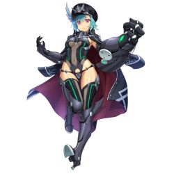1girl :o armor beige_skin blue_hair breasts cape coat feather_hair_ornament full_body gauntlet hair_ornament hat medium_breasts nanatsu_no_bitoku navel one_leg_raised oversized_object police_hat sandalphon_(nanatsu_no_bitoku) see-through_clothes short_hair thighhighs transparent_background