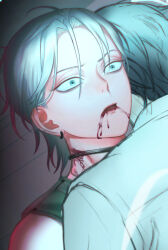 Rule 34 | 2boys, absurdres, alien stage, black hair, blood, blood from mouth, choker, commentary request, earrings, green eyes, grey hair, highres, honogurairo hai, ivan (alien stage), jewelry, male focus, multiple boys, short hair, till (alien stage)
