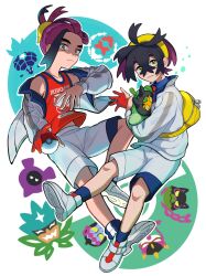 1boy absurdres black_hair blue_shirt blue_socks character_doll closed_mouth collared_shirt commentary_request crossed_bangs doll fezandipiti gloves hairband highres holding holding_doll jacket kacinoem kieran_(pokemon) knees male_focus mole mole_on_neck multiple_views munkidori necktie nintendo off_shoulder ogerpon okidogi open_clothes open_jacket partially_fingerless_gloves pecharunt pokemon pokemon_sv red_necktie red_shirt shirt shoes shorts single_glove sleeveless sleeveless_shirt socks terapagos white_footwear white_jacket white_shorts yellow_bag yellow_eyes yellow_hairband zipper_pull_tab