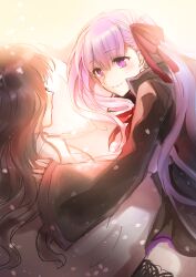 2girls bb_(fate) black_coat black_thighhighs brown_hair coat commentary_request fate/extra fate/extra_ccc fate_(series) hair_ribbon highres kishinami_hakuno_(female) long_hair mintes multiple_girls neck_ribbon petals purple_eyes purple_hair red_ribbon ribbon smile thighhighs yuri