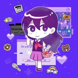 1girl apple banana black_shoes blush chibi chibi_only closed_mouth collared_shirt colored_skin food fruit full_body genk1zam4s grapes highres long_hair looking_at_viewer mari_(headspace)_(omori) mari_(omori) neckerchief omori picnic_basket picnic_blanket pixel_art_inset pleated_skirt purple_eyes purple_hair purple_sweater_vest red_neckerchief red_skirt shirt shoes short_sleeves skirt smile solo sweater_vest white_shirt white_skin