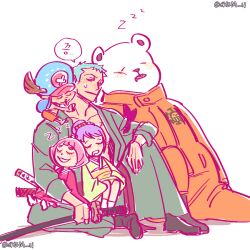 2girls 3boys antlers bandana_around_arm bear bepo_(one_piece) child commentary_request cross green_hair green_kimono hair_bun hat holding holding_sword holding_weapon horns japanese_clothes jumpsuit kimono korean_commentary kurozumi_tama multiple_boys multiple_girls one_piece orange_jumpsuit pink_hair purple_hair red_kimono reindeer_antlers roronoa_zoro sash shem_art11 simple_background sleeping sword toko_(one_piece) tony_tony_chopper weapon white_background