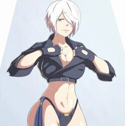1girl angel_(kof) animated animated_gif backless_pants black_gloves black_jacket black_panties blue_eyes blue_pants breasts breasts_out chaps cleavage cropped_jacket curvy eyebrows eyelashes female_focus fingerless_gloves frontless_pants gloves grey_background grin hair_over_one_eye half-closed_eyes huge_breasts jacket large_breasts long_sleeves looking_at_viewer nipples no_bra open_clothes open_jacket opened_by_self pale_skin panties pants parted_lips scrabble007 short_hair short_sleeves simple_background smile smug snk solo standing teeth the_king_of_fighters the_king_of_fighters_2001 thick_thighs thighs underwear undressing white_hair wide_hips