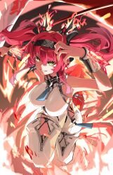 1girl absurdres bare_shoulders black_bow bodysuit boots bow breasts collar commentary grin hair_between_eyes hair_bow hairband hand_up hashtag-only_commentary headgear highres holding holding_polearm holding_weapon long_hair looking_at_viewer lupa_(wuthering_waves) medium_breasts metal_collar metal_hairband multiple_hair_bows nun178089 pink_hair polearm red_pupils smile solo tacet_mark_(wuthering_waves) tail teeth thigh_boots weapon white_bodysuit wolf_tail wrist_guards wuthering_waves yellow_eyes