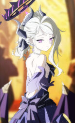 1girl absurdres anime_coloring arm_at_side ass back back_bow backless_dress backless_outfit bat_wings bead_choker beads beckoning black_halo blue_archive blurry blurry_background bow breasts butt_crack closed_mouth curled_horns demon_girl demon_horns demon_wings depth_of_field dress dusk_ming earrings elbow_gloves evening_gown gem gloves grey_horns hair_behind_ear halo hand_up high_ponytail highres hina_(blue_archive) hina_(dress)_(blue_archive) horns indoors jewelry light_smile looking_at_viewer median_furrow multiple_horns ponytail purple_bow purple_dress purple_eyes purple_gemstone purple_gloves purple_wings sideboob single_hair_intake single_sidelock slit_pupils small_breasts solo spiked_halo split_mouth upper_body white_hair wings