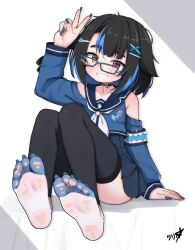 1girl absurdres black_hair black_thighhighs blue-framed_eyewear blue_hair blue_nails boppin brown_eyes choker commission feet foot_focus glasses hair_ornament highres multicolored_hair nail_polish no_shoes original pixiv_commission sailor_collar sitting skirt smile socks soles solo thighhighs toes v