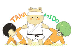 2boys =_= animal bear black-framed_eyewear black_hair blush_stickers buttons chako_(15_01417) character_name chibi closed_mouth clothed_animal collared_shirt commentary_request determined dougi frown glasses green_eyes green_hair hair_between_eyes happy headband jacket karate_gi kuroko_no_basuke layered_sleeves long_sleeves male_focus midorima_shintarou multiple_boys open_clothes open_jacket orange_jacket orange_pants pants pocket shirt short_hair simple_background smile takao_kazunari white_background white_headband white_shirt