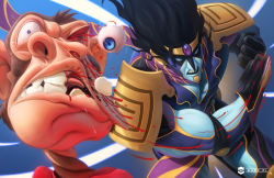 armor artist_name blood bored_ape_nft broken_tooth commentary english_commentary eyeball fighting guro jojo_no_kimyou_na_bouken marc_pi meme monkey pauldrons punching shoulder_armor star_platinum stardust_crusaders what wide-eyed