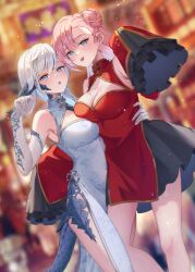 2girls :p au_ra black_horns black_scales blue_eyes blurry blurry_background breasts china_dress chinese_clothes cleavage_cutout clothing_cutout detached_sleeves double_bun dragon_horns dragon_tail dress dutch_angle elbow_gloves final_fantasy final_fantasy_xiv gloves gold_trim grey_trim hair_bun hand_on_another&#039;s_waist highres horns hyur khr_39 lace lace_gloves large_breasts long_hair looking_at_viewer multiple_girls pink_hair red_dress scales side_slit tail tongue tongue_out two-tone_dress warrior_of_light_(ff14) watermark watermark_grid white_dress white_hair