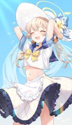 1girl absurdres apron blue_archive blue_sailor_collar closed_mouth cropped_shirt halo hat hifumi_(blue_archive) highres miyayoki navel open_mouth sailor_collar shirt skirt smile solo white_hat white_shirt white_skirt yellow_halo