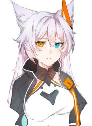 1girl animal_ears black_jacket blue_eyes cat_ears cat_girl closed_mouth commentary_request corrupted_twitter_file frown fuahina hair_between_eyes heterochromia highres honkai_(series) honkai_impact_3rd jacket kiana_kaslana kiana_kaslana_(void_drifter) long_hair shirt simple_background solo upper_body white_background white_hair white_shirt yellow_eyes