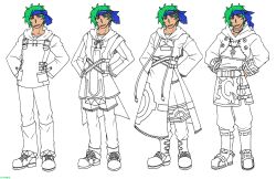 1boy asymmetrical_hair belt belt_buckle blue_eyes blue_headband buckle buttons cape choker coat collarbone commentary_request cross-laced_shoes crossed_belts eri_muuton green_hair hands_on_own_hips happy headband hood hood_down hoodie hoshi_wo_miru_hito jacket jewelry leg_warmers looking_at_viewer male_focus messy_hair multiple_belts neck_ribbon necklace open_clothes open_jacket open_mouth pants partially_colored ribbon shiba_(hoshi_wo_miru_hito) shoes short_hair shoulder_belt simple_background smile standing stargazer_(series) variations vest white_background