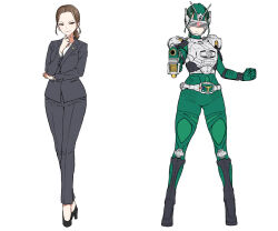 2girls aiming aiming_at_viewer armor belt black_boots black_shoes bodysuit boots brown_eyes brown_hair clenched_hand closed_mouth commentary crossed_legs dual_persona earrings eidenjyou1997 elbow_on_arm eye_mask formal_clothes full_body genderswap genderswap_(mtf) green_bodysuit green_hair grey_jacket grey_pants grey_suit gun hand_on_own_chin high_heels holding holding_gun holding_weapon jacket jewelry kamen_rider kamen_rider_ryuki_(series) kamen_rider_zolda kitaoka_shuichi knee_boots lapel_pin lapels looking_at_viewer low_ponytail medium_hair multiple_girls notched_lapels pant_suit pants pearl_earrings ponytail pumps rider-tan rider_belt shirt shoes sidelocks simple_background smile standing suit suit_jacket v_buckle watch weapon white_background white_shirt wristwatch