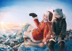 2girls alternate_costume animal_ears binoculars black_coat blonde_hair blue_archive blue_eyes blue_sky boots bottle coat commentary duffel_coat english_commentary flask flippy_(cripine111) fur-trimmed_boots fur-trimmed_coat fur-trimmed_hood fur_trim gradient_eyes halo hat highres holding holding_binoculars holding_flask hood ice_floe iceland long_hair looking_at_viewer mixed-language_commentary multicolored_eyes multiple_girls nodoka_(blue_archive) ocean open_mouth outdoors pants parka purple_eyes red_coat red_eyes shigure_(blue_archive) short_hair sitting sky sun sunset tail ushanka weasel_ears weasel_girl weasel_tail winter_gloves
