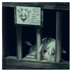 1boy animal_ears border brown_eyes cage child english_text expressionless fuvin goat_boy goat_ears goat_horns goat_tail hair_between_eyes highres horizontal_pupils horns in_cage male_focus original short_hair solo white_border white_hair wooden_cage