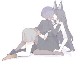 2girls absurdres animal_ears asymmetrical_legwear belle_(zenless_zone_zero) black_hair black_necktie black_pantyhose black_shirt black_skirt black_thighhighs blue_hair braid brown_socks collared_shirt commentary_request fox_ears grey_skirt half_up_braid high-waist_skirt highres hoshimi_miyabi kiss kneeling long_hair mismatched_legwear multiple_girls necktie pantyhose pleated_skirt red_eyes shirt short_hair simple_background single_sock single_thighhigh skirt socks sweatdrop thighhighs white_background white_shirt yuri zenless_zone_zero zzzii0