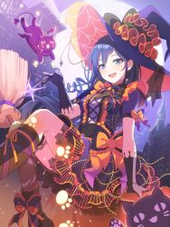 1girl absurdres artist_request blue_eyes blue_hair blurry blurry_background boots breasts broom crossed_legs dress elbow_gloves fishnet_cutout fishnet_pantyhose fishnets gloves halloween halloween_costume hat highres kurogane_ren long_hair looking_at_viewer medium_breasts night official_art open_mouth orange_dress orange_ribbon pantyhose pointing pointing_at_another purple_cat purple_dress purple_eyes purple_hair purple_ribbon ribbon shine_post skirt smile solo sparkle teeth upper_teeth_only very_long_hair witch_hat