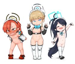 2025 3girls absurdres aris_(blue_archive) black_hair blonde_hair blue_archive blue_eyes blush boots braid breasts chibi closed_eyes double_v earrings embarrassed fang female_focus fingerless_gloves flat_chest full_body gloves halo highres jacket jewelry legs loli long_hair maid maid_headdress maximumpingas multiple_girls navel neru_(blue_archive) nipples open_clothes open_jacket orange_eyes orange_hair pussy shoes small_breasts smile standing stomach tagme thighhighs thighs toki_(blue_archive) v very_long_hair white_background