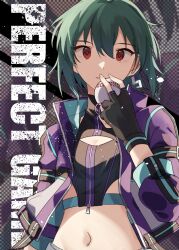 1girl absurdres ball baseball black_gloves breasts cleavage cleavage_cutout clothing_cutout crop_top earrings fingerless_gloves gloves green_hair hair_between_eyes highres holding holding_ball idolmaster idolmaster_million_live! jacket jewelry long_sleeves midriff nagayoshi_subaru nashiki_053 navel open_clothes open_jacket purple_jacket red_eyes short_hair small_breasts solo standing stomach upper_body zipper zipper_pull_tab