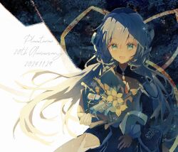 1girl :d anniversary aqua_eyes blue_hair bouquet commentary_request copyright_name crying crying_with_eyes_open dated floating_hair flower hair_between_eyes hat highres holding holding_bouquet hoshino_yumemi looking_at_viewer low_twintails necktie open_mouth planetarian red_necktie smile solo sprb0626 tears twintails
