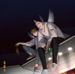 100dnch 2boys angel_wings black_hair black_pants blonde_hair bottle can cigarette earrings full_body grey_pants hand_tattoo hanemiya_kazutora hanma_shuuji highres holding holding_bottle holding_can hood hood_down hoodie jacket jewelry long_sleeves looking_at_viewer male_focus mole mole_under_eye mouth_hold multicolored_hair multiple_boys night orange_shoes outdoors pants shirt shoes short_hair single_earring sitting sleeves_past_wrists smile spiked_hair tattoo tokyo_revengers tsurime two-tone_hair white_footwear white_hoodie white_shirt wings yellow_eyes