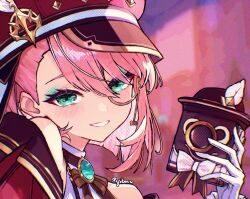 1girl bare_shoulders blue_eyes camera charlotte_(genshin_impact) genshin_impact gloves hat highres holding holding_camera looking_at_viewer monocle pink_hair rafi_(rafitea) signature smile teeth white_gloves